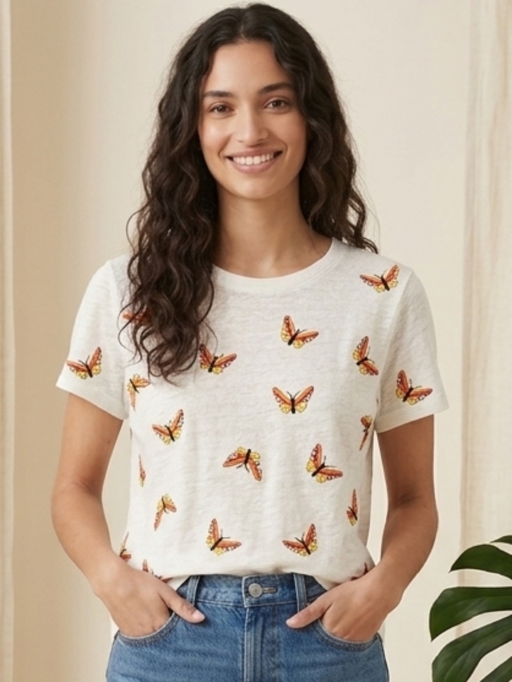 Banner Day Embroidered Butterfly Linen Tee - Size 1 (S)